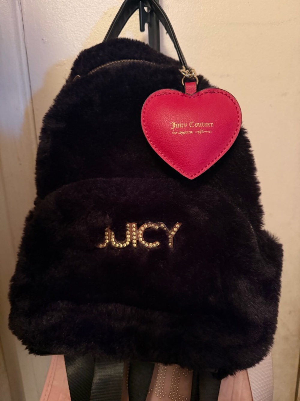Juicy Couture Black Faux Fur Mini Backpack with Pink Heart Charm
